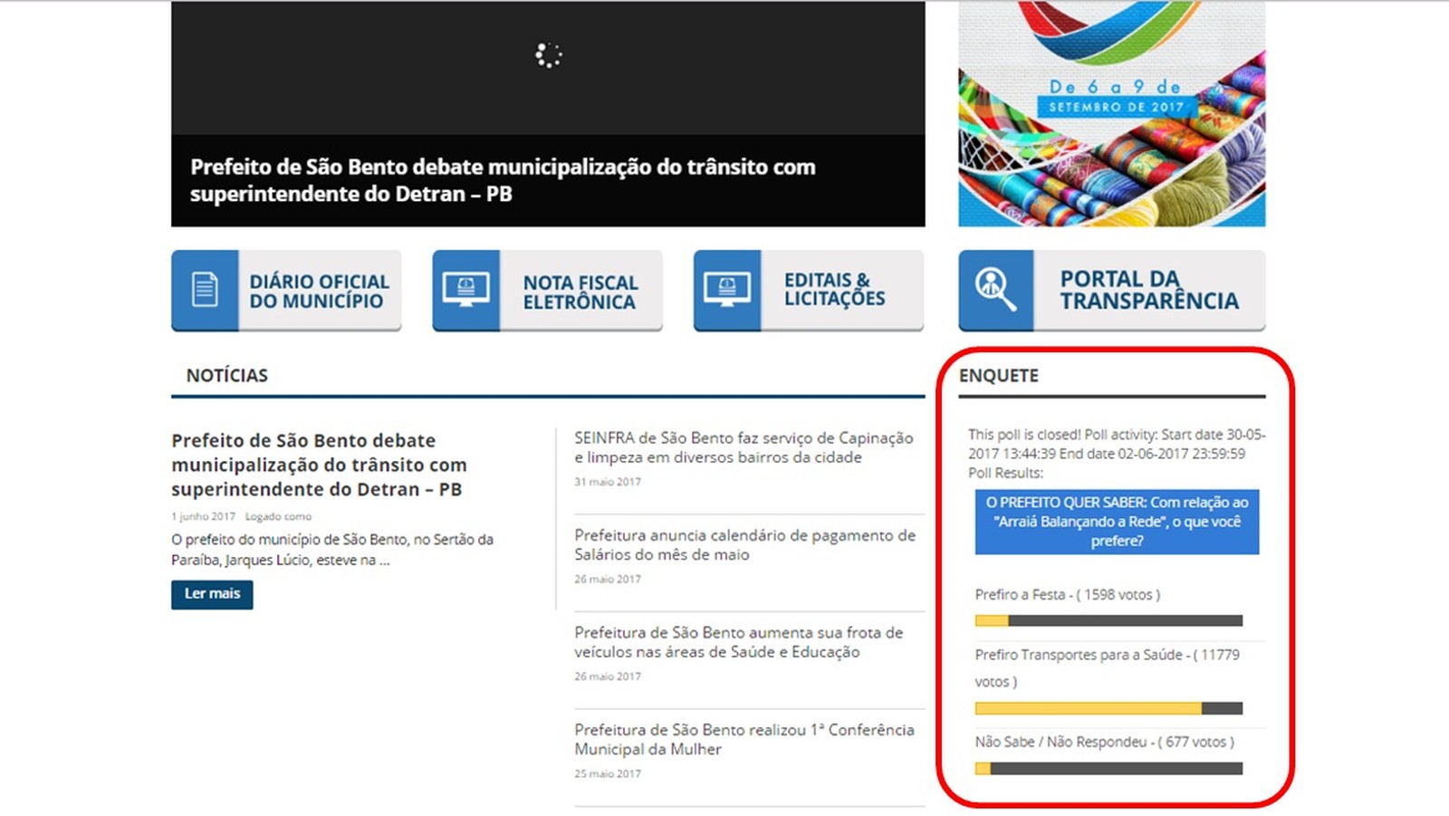 Enquete da prefeitura de São Bento, na Paraíba, foi encerrada na sexta-feira (2) (Foto: Reprodução/Site da prefeitura de São Bento)